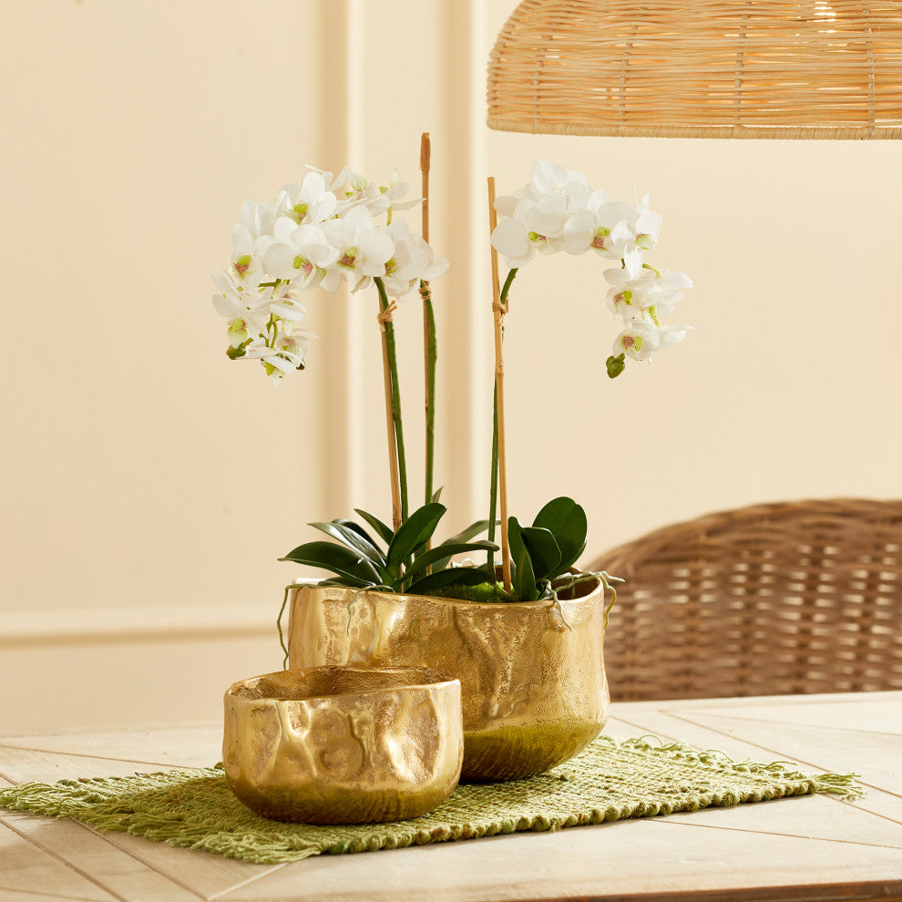Set of 2 Elegant Free Form Textured Gold Planters Cachepots Round Organic Shape