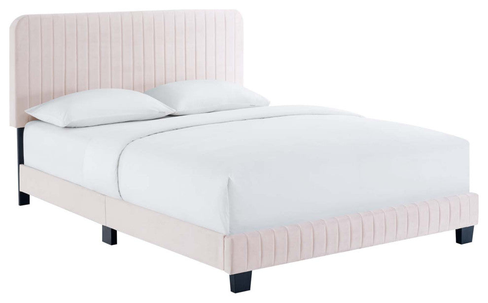 Tufted Platform Bed Frame, Full Size, Velvet, Pink, Modern Contemporary, Bedroom