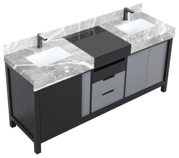 Zilara 72" Black and Grey Double Vanity, Balzani Gun Metal Faucet Set