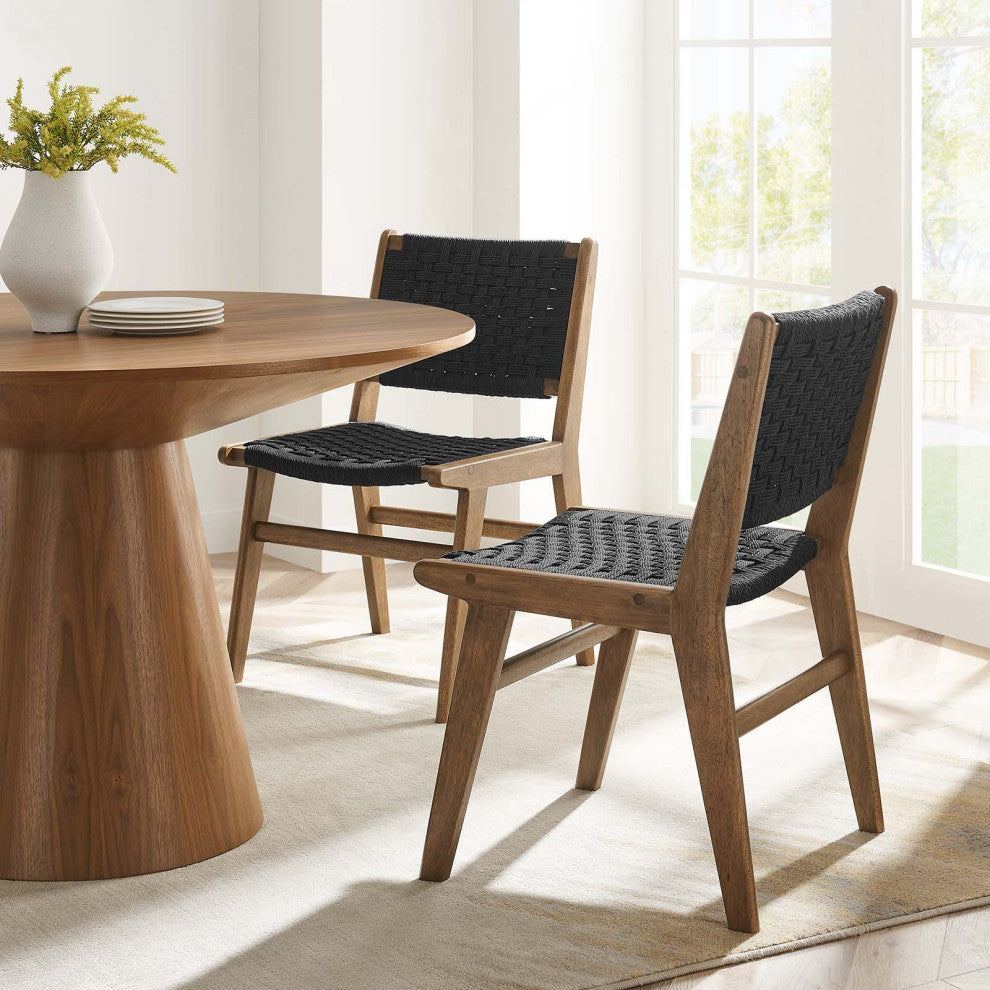 Saoirse Woven Rope Wood Dining Side Chair, Set of 2, Walnutt Black