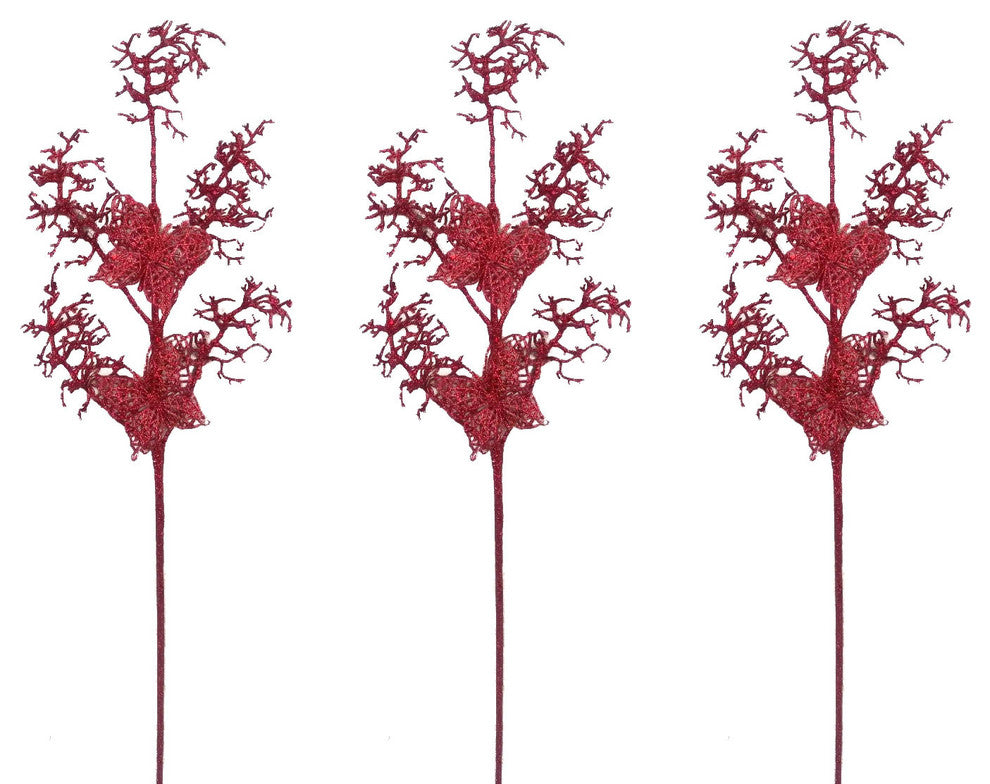 3 Pieces 30" Glitter Coral and Butterfly Christmas Spray, Red