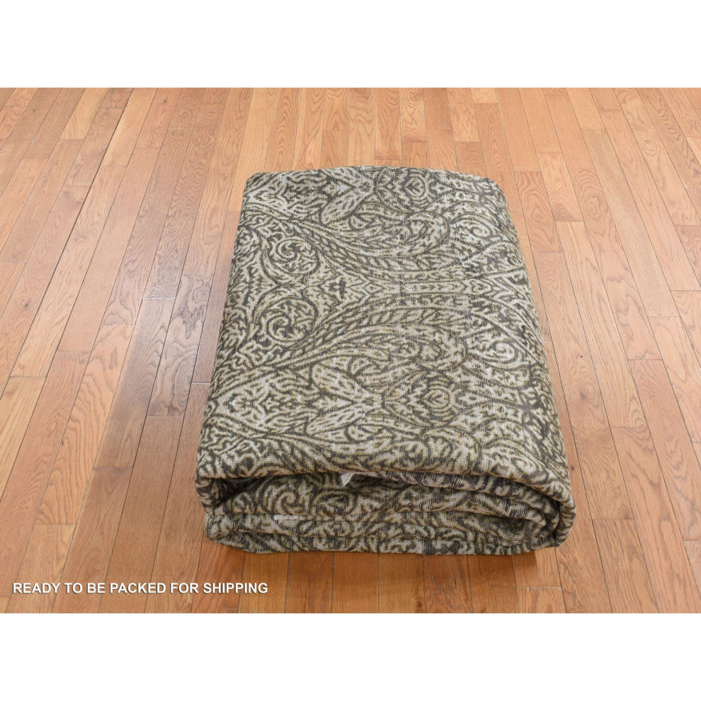 Jet Gray, Hand Knotted, Mughal Influence, Wool With Real Silk Rug, 8'8"x12'3"