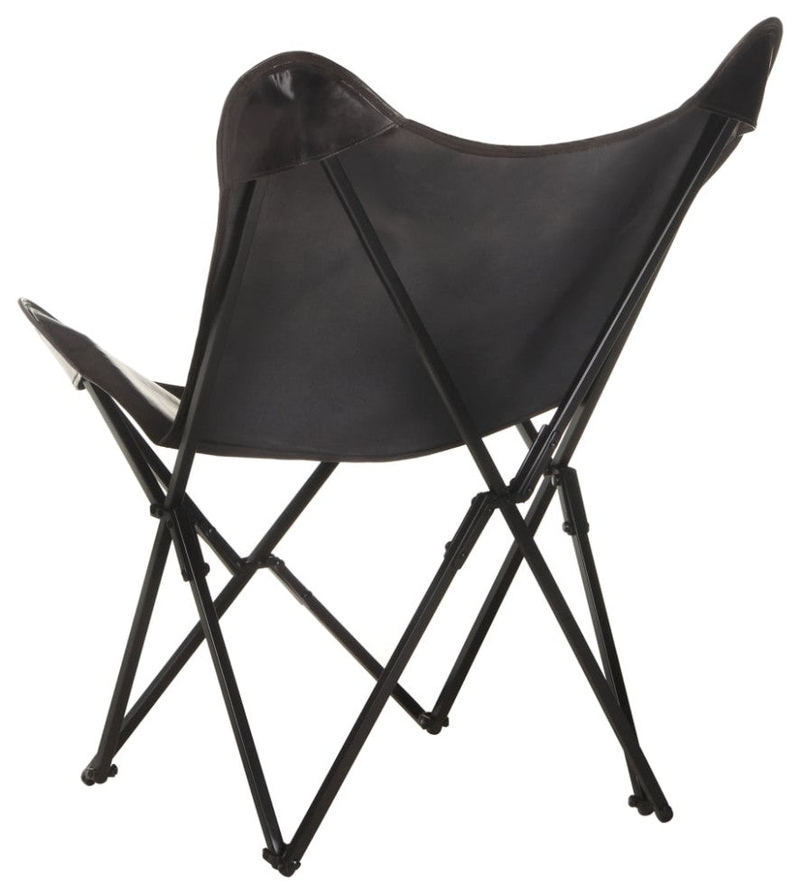 vidaXL Chair Accent Foldable Butterfly Chair for Living Room Black Real Leather