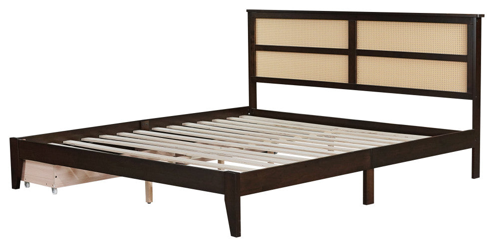 GDF Studio King Size Platform Bed, Rattan Headboard & Storage Drawers, Espresso