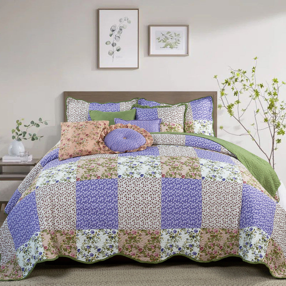 Patchwork Quilted 8-Piece Bed Spread Coverlet Set, Pink, Queen