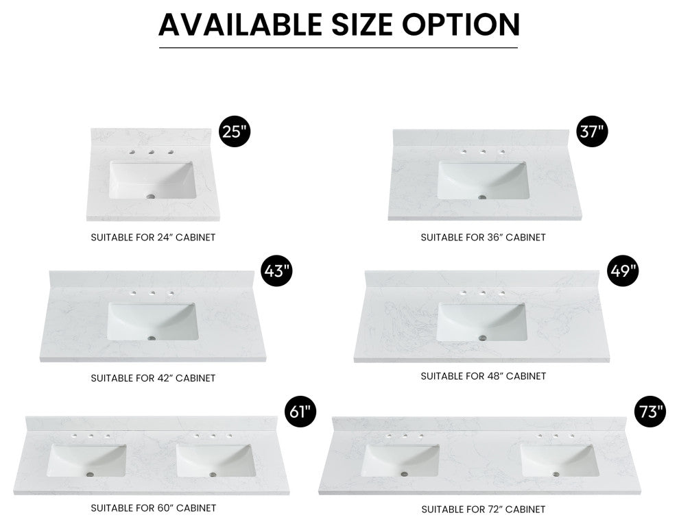 Jaen Composite Stone Vanity Top With Ceramic Sink, Grain White, 25"