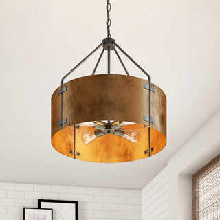 Matte Black 4-Light Metal Pendant Light With Brown Drum Shade
