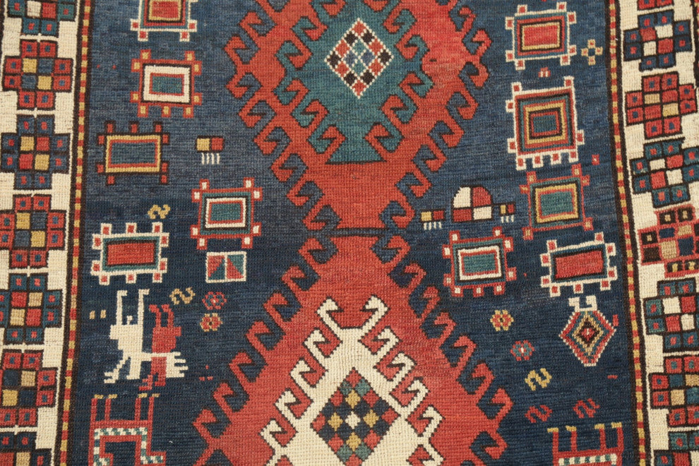 Consigned, Antique Oriental Russian Traditional Hand-Knotted Area Rug, Blue, 4x6
