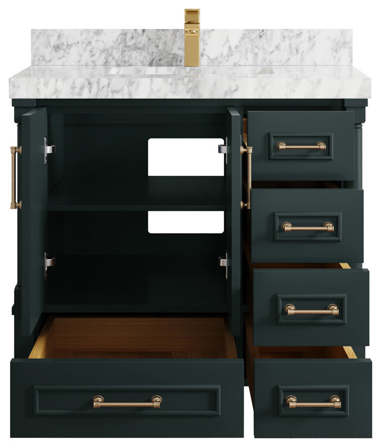 Aberdeen 36 Center Sink Bath Vanity in Dark Forest Green 2" Carrara Marble