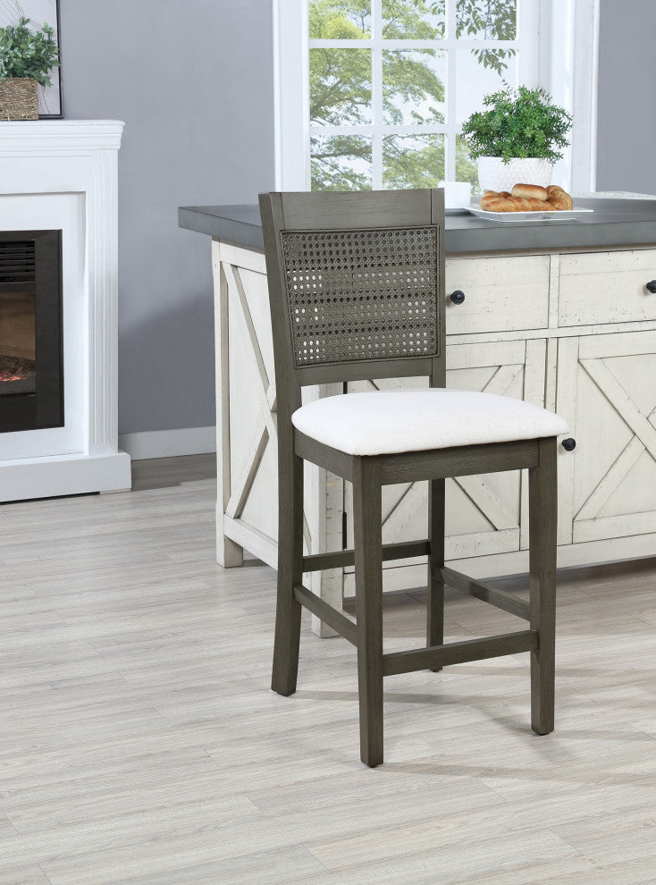 Walden 24" Cane Back Counter Stool With Antique Gray Base and Linen Fabric Seat