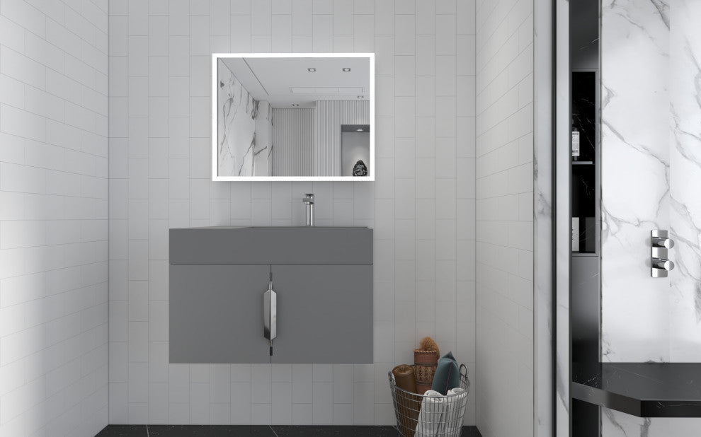 CastelloUSA Amazon 30" Right Wall Mounted Bathroom Vanity Set, Gray, Gray Top, Brushed Nickel