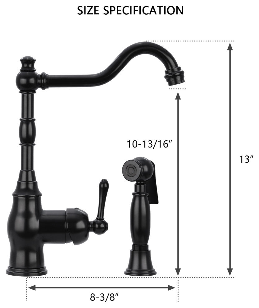 One-Handle Copper Widespread Kitchen Faucet with Side Sprayer, Matte Black