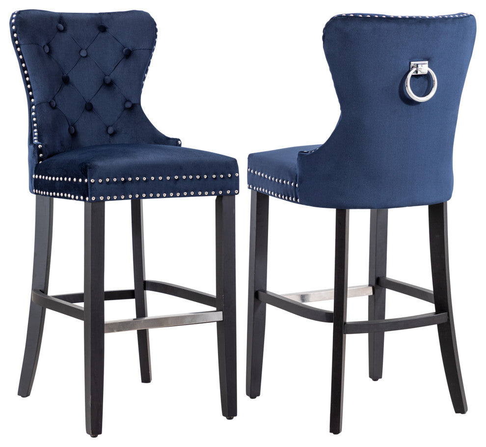 WestinTrends 2PC 29" Wingback Diamond Tufted Glam Velvet Bar Stool Set, Black, Velvet Navy Blue