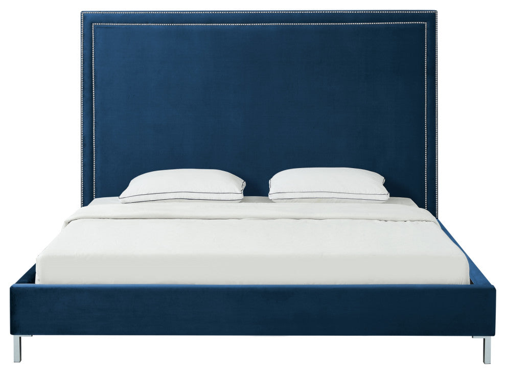Giovanna Nailhead Trim Platform Bed, Navy Velvet, Queen