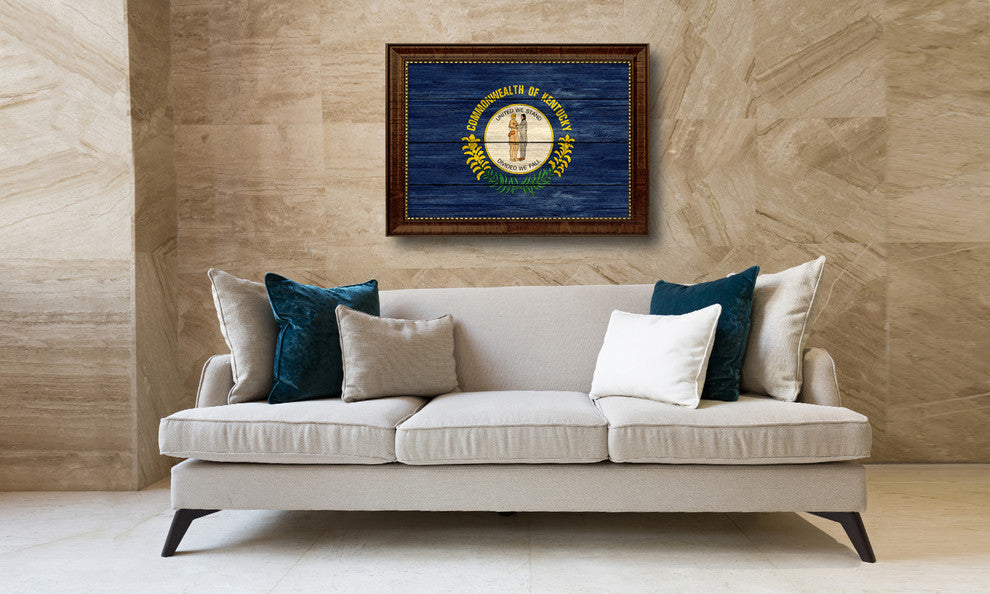 Kentucky State Textured Flag Print With Brown Gold Frame, 19"X27"