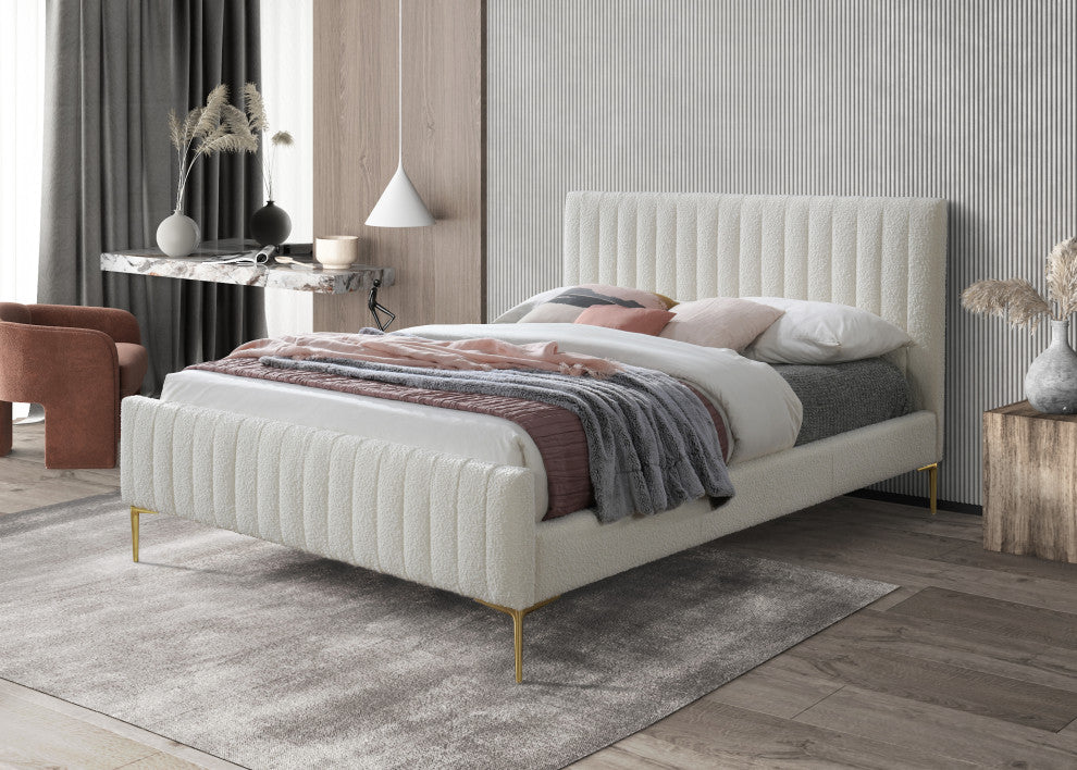 Julia Upholstered Platform Bed, Queen, White Boucle