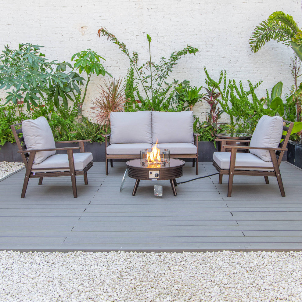 LeisureMod Walbrooke Patio Conversation Set With Fire Pit Table, Light Grey