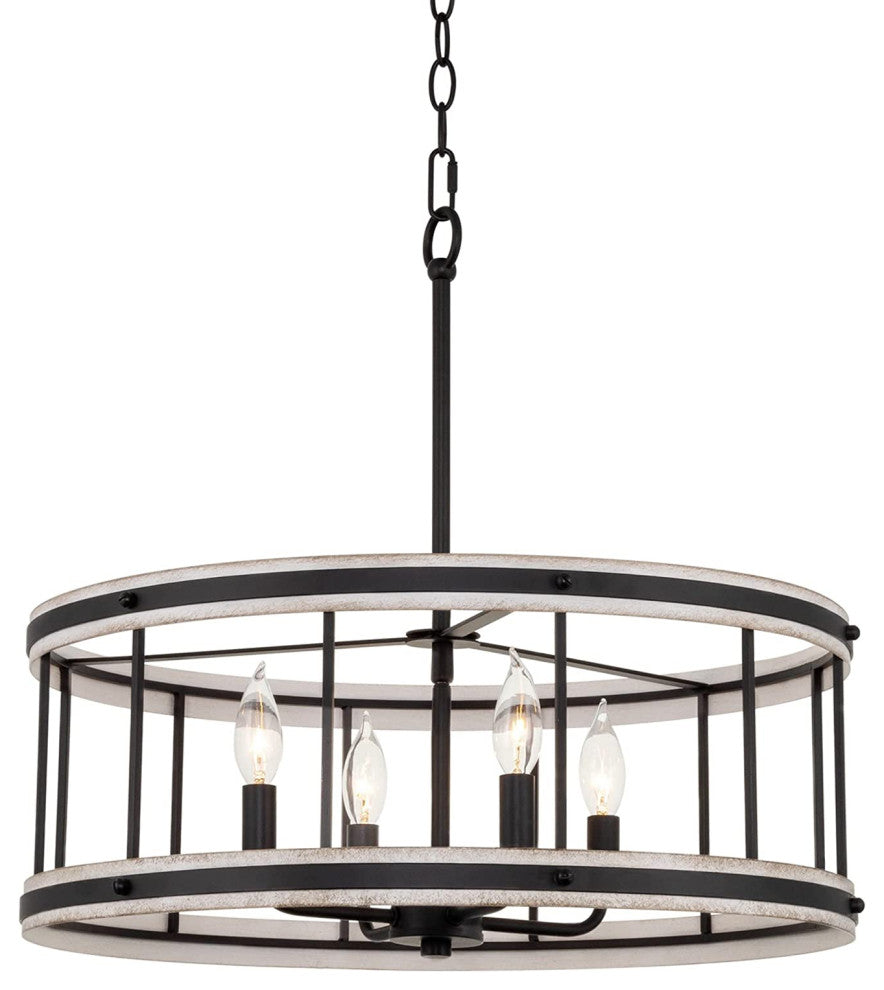 4 Light Farmhouse Chandelier Drum Pendant Light Fixture With White Wood Style