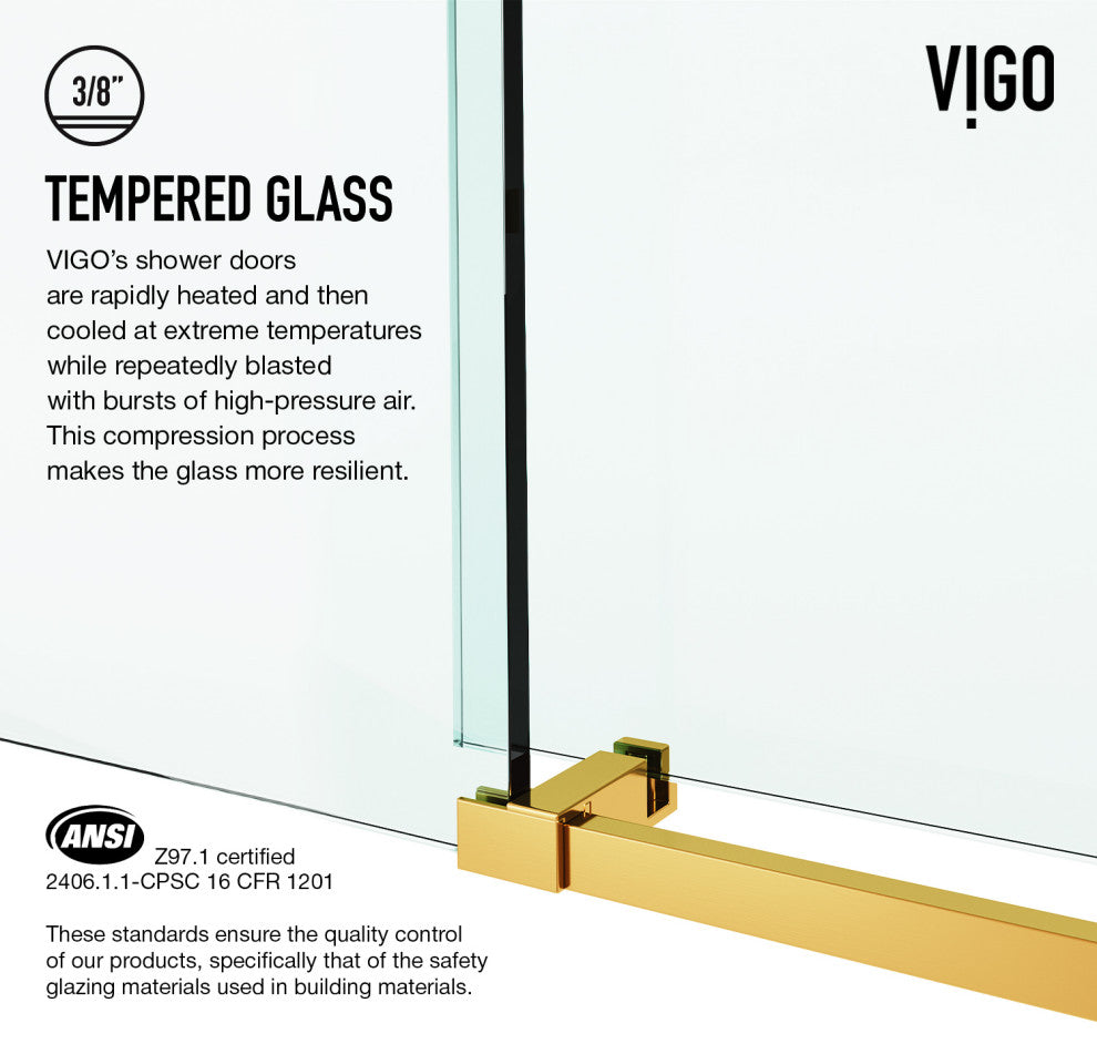 VIGO Elan E-Class Frameless Sliding Shower Enclosure, Matte Brushed Gold, 35" D X 46" W X 76" H, Without Base