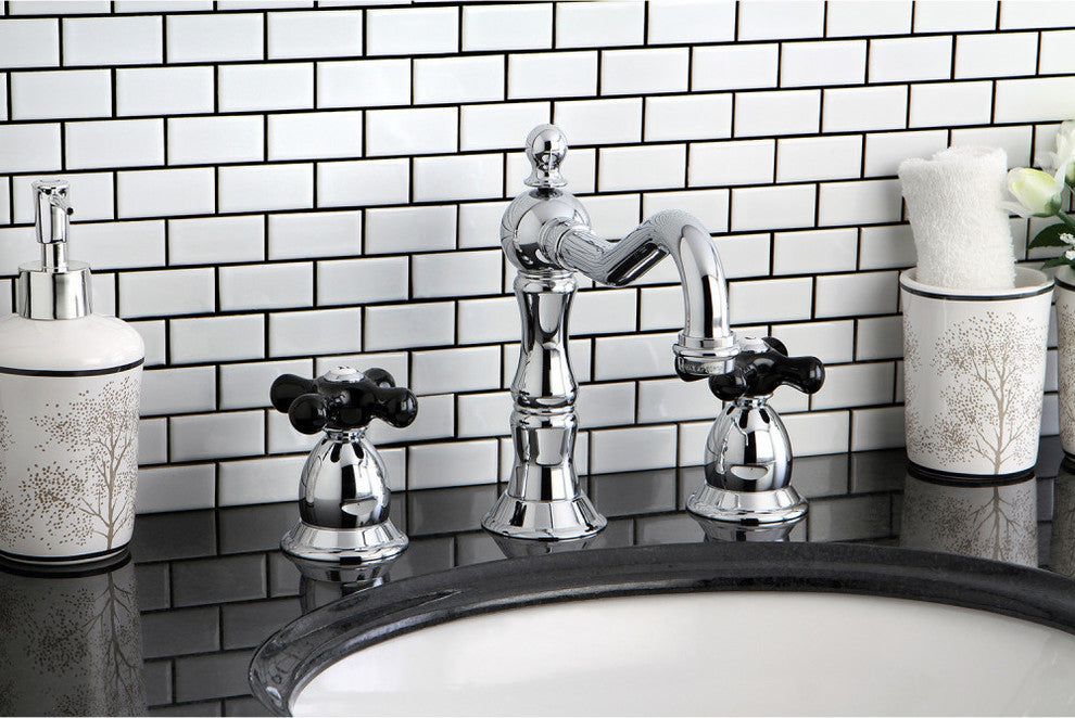 Heritage Onyx Widespread Lavatory Faucet w/ Black Porcelain Cross Handle, Chrome