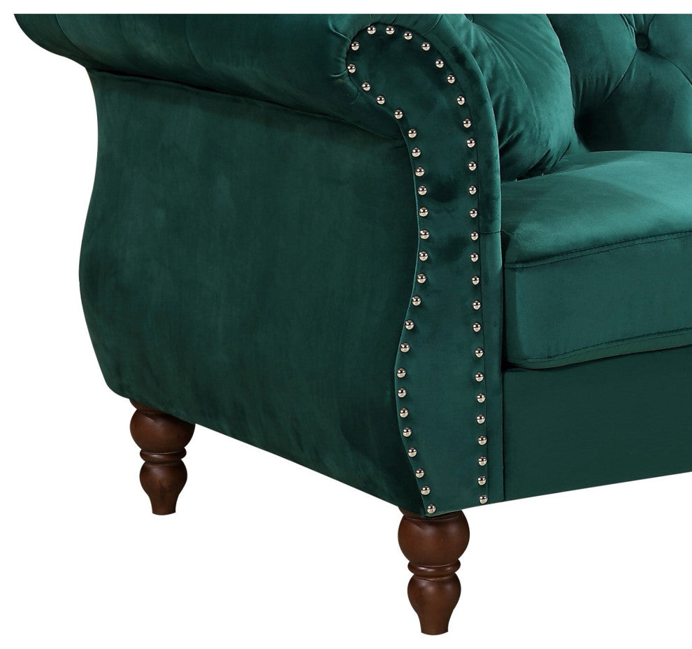 Classic Sofa, Velvet Seat With Button Tufted Back & Nailhead Trim Accent, Green
