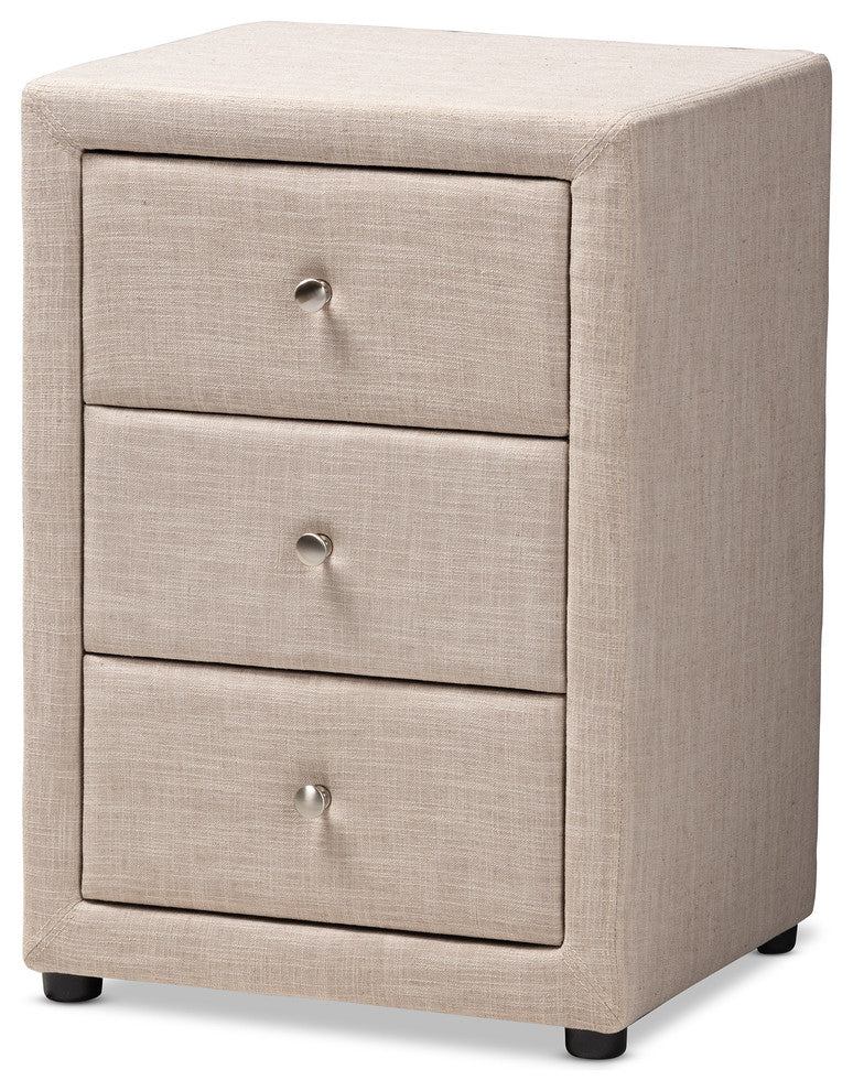 Tessa Modern and Contemporary Beige Upholstered 3-Drawer Nightstand
