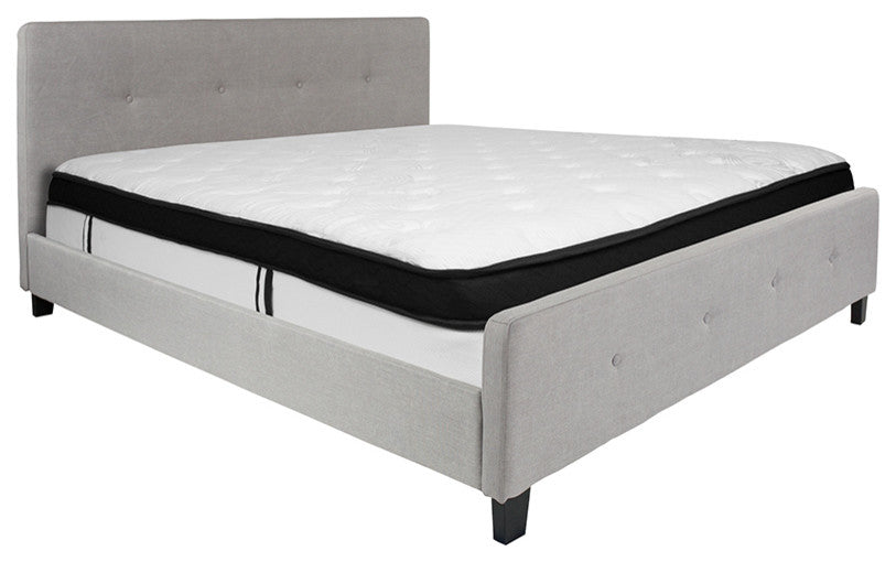 King Size Tufted Platform Bed in Light Gray Fabric with Memory Foam Mattress