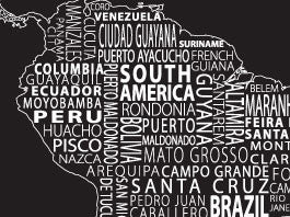 1-World Text Map Wall Mural, White on Black, 3 panel, 107x57"