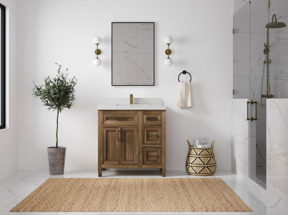 Santa Monica 36 Center Sink Bath Vanity in Graywashed Teak 2" Carrara Quartz