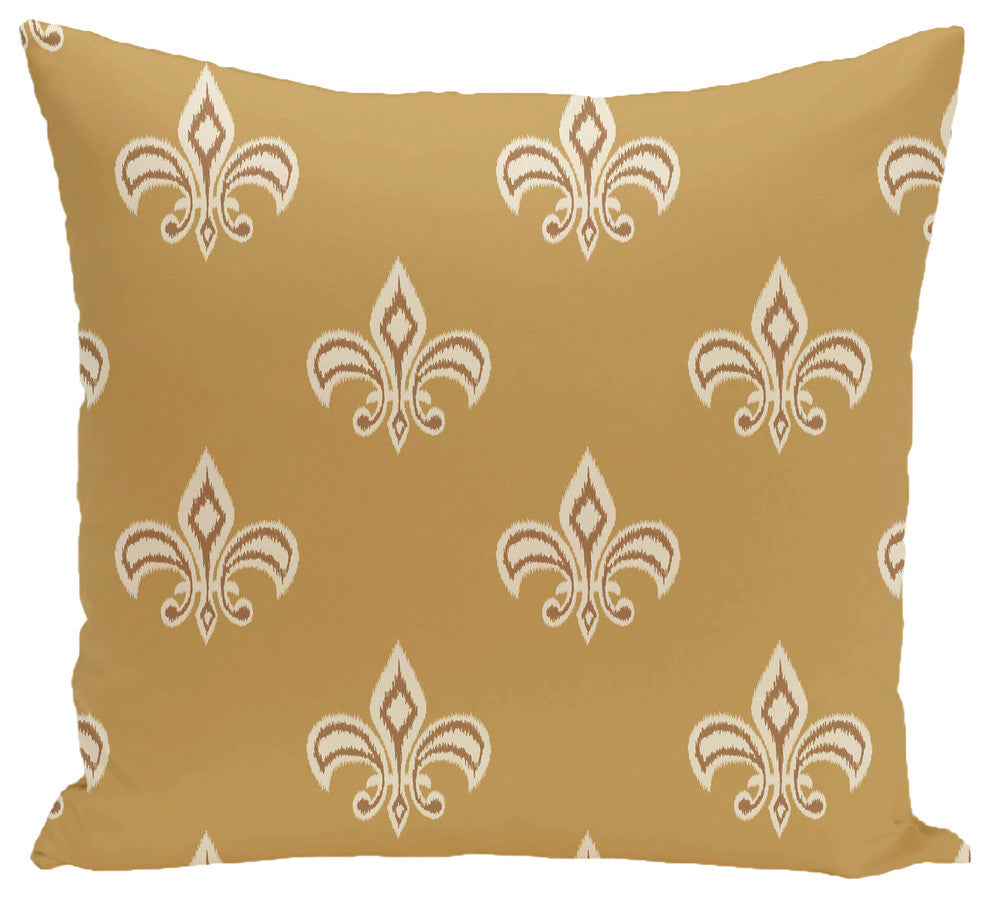 Fleur De Lis Ikat Print Pillow, Gold, 16"x16"