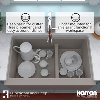 Karran Farmhouse Quartz 34" Double Offset Bowl Sink Kit, Concrete