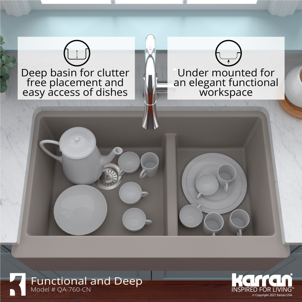 Karran Farmhouse Quartz 34" Double Offset Bowl Sink Kit, Concrete