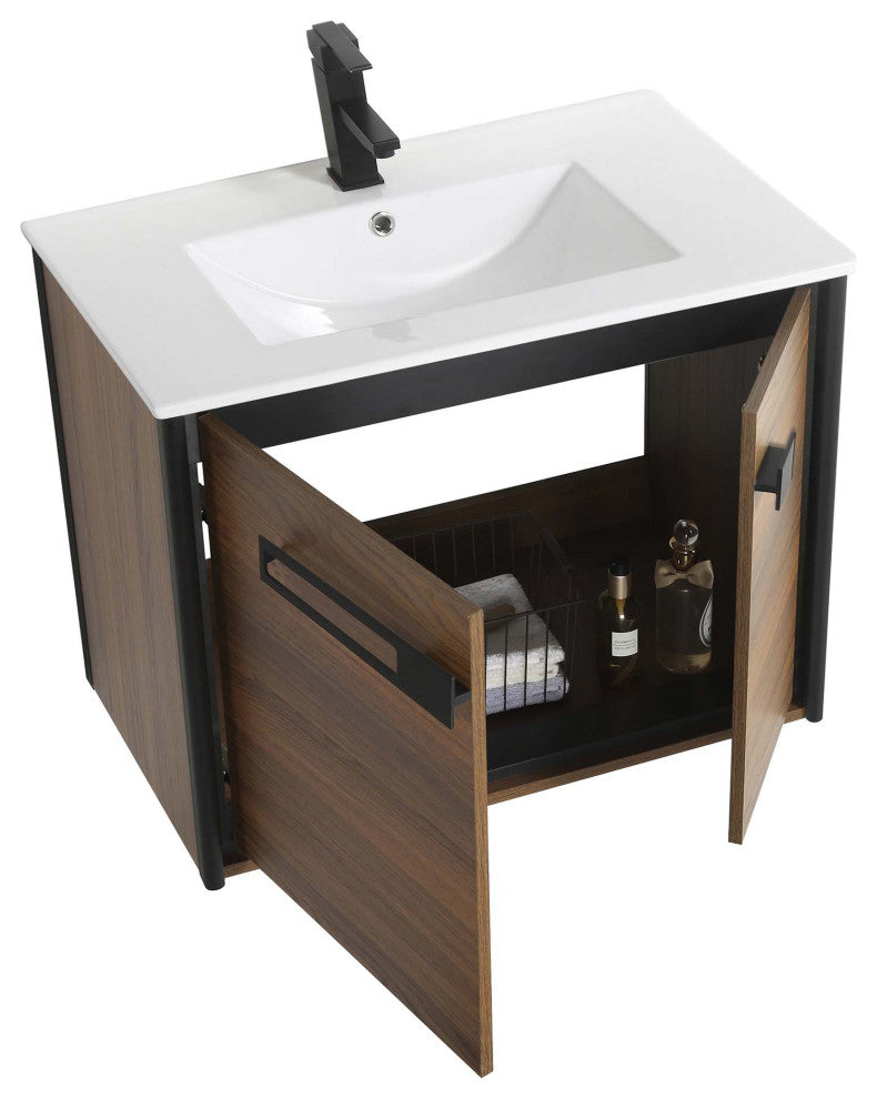 Oakville Wall Mount Bathroom Vanity, Walnut Ebony, 30", Black Hardware