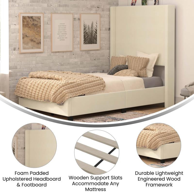 Quinn Upholstered Platform Bed with Channel Stitched Wingback Headboard, Beige, Twin