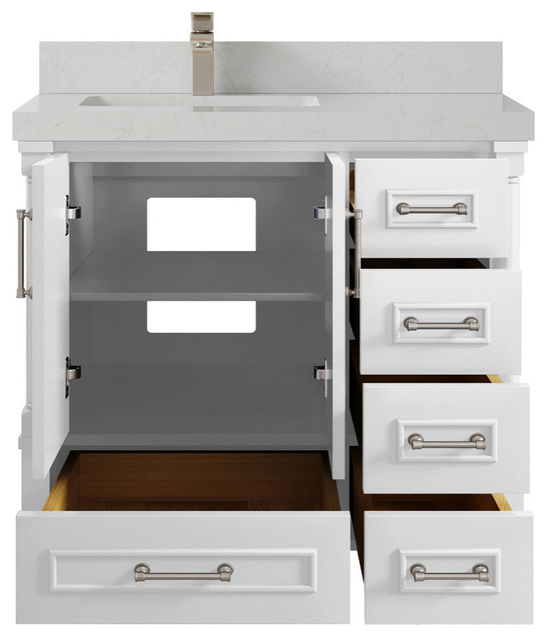 Aberdeen 36 Left Offset Bath Vanity in White 2" Carrara Quartz