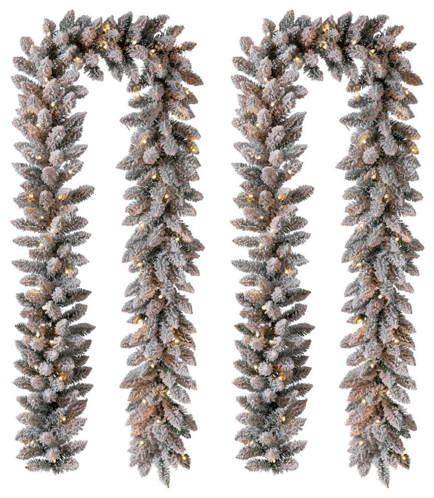 2-Pack 9' Pre-Lit Snow Flocked Christmas Garland, With Warm White LED Lights