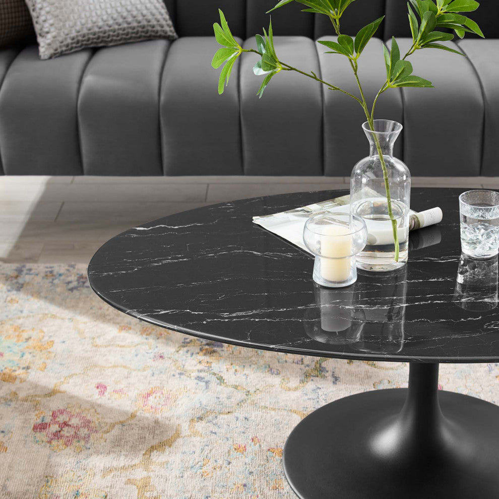 Coffee Table, Oval, Artificial Marble, Metal, Black, Modern, Lounge Hospitality