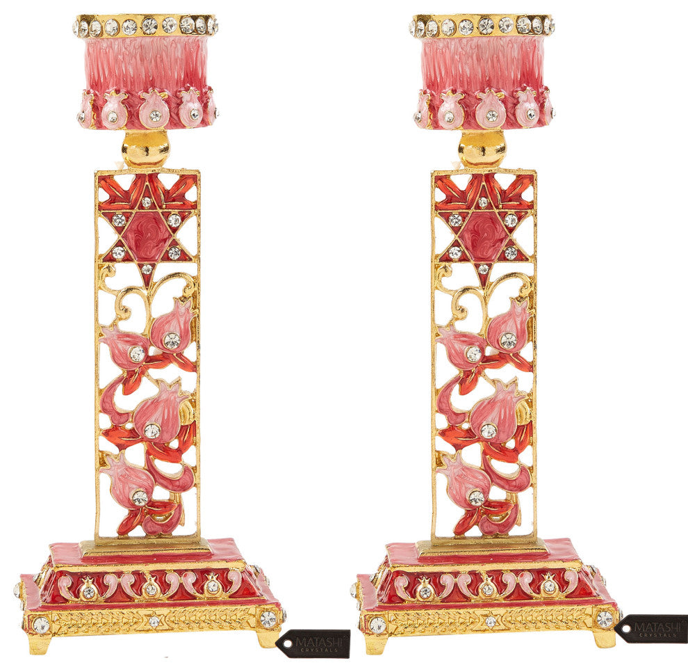Matashi Shabbat Candlestick Holder (2-Piece Set) Hand-Painted,  Pewter(Red)