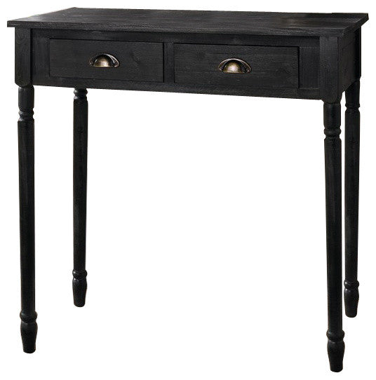 Antique-Style 2 Drawer Wood Console Table with Brass Finish Handles, Black
