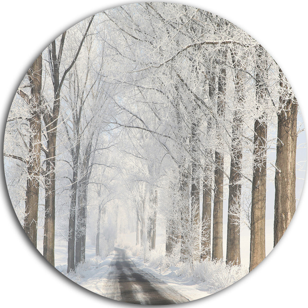 Road Through Frosted Forest, Landscape Photo Round Wall Art, 36"
