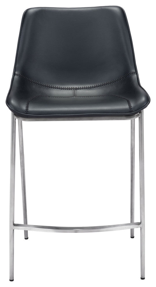 Counter Stool Chair, Set of 2, Faux Vinyl Leather, Steel, Black, Silver, Cafe