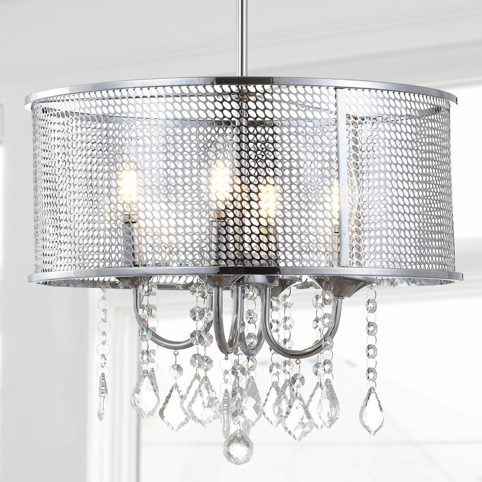 Avah Metal and Crystal Adjustable LED Drop Pendant, Chrome, 17