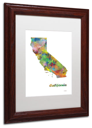 Marlene Watson 'California State Map-1' Art, Wood Frame, 11"x14", White Matte