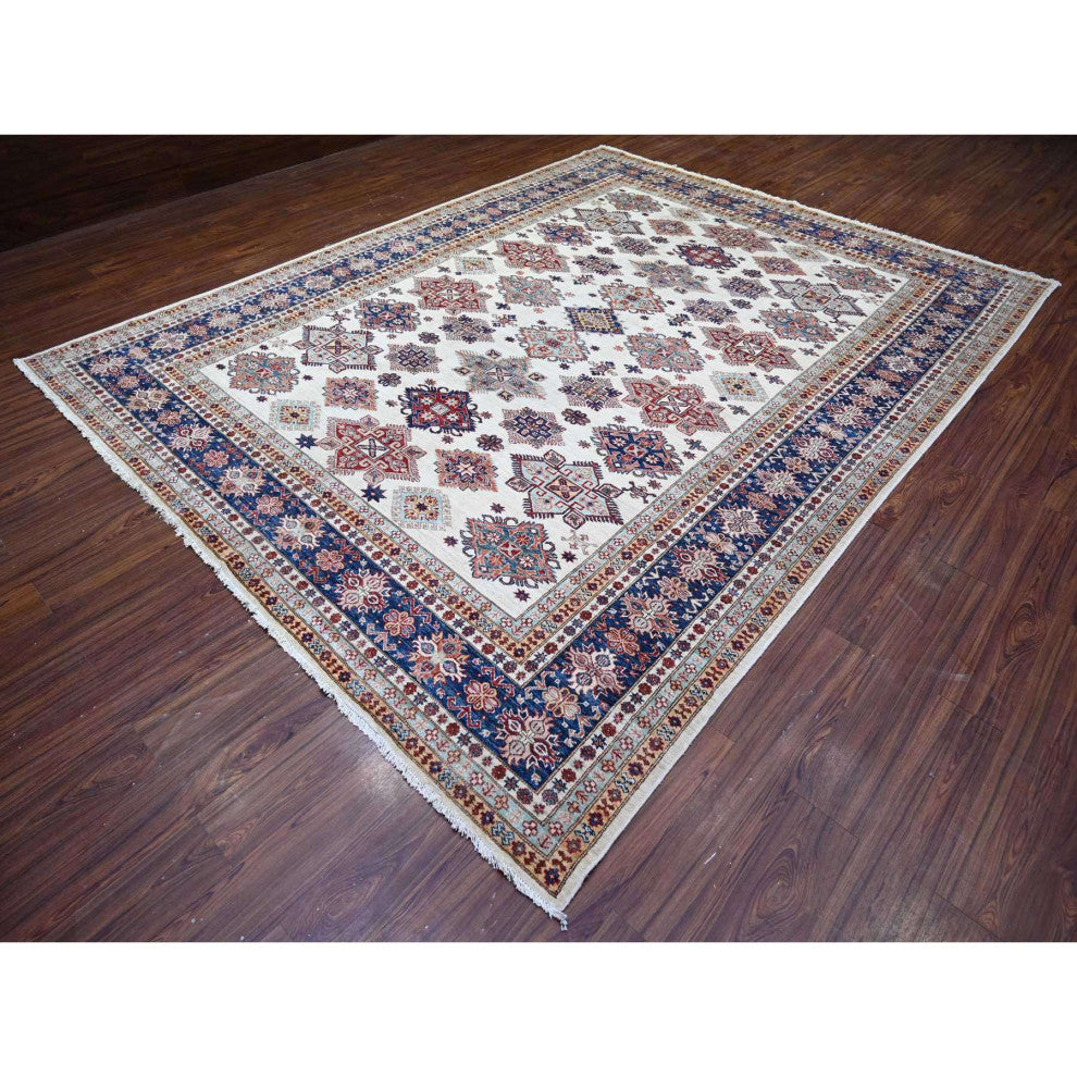 Smoky White Wool Hand Knotted Afghan Super Kazak Oriental Rug, 9'2"x11'10"