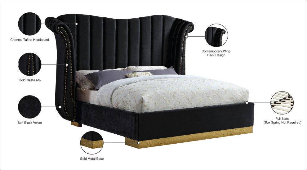 Flora Black Velvet Bed, Black, King