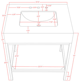 Marmo Bathroom Vanity, White, 30" Wide, Brushed Brass Finish