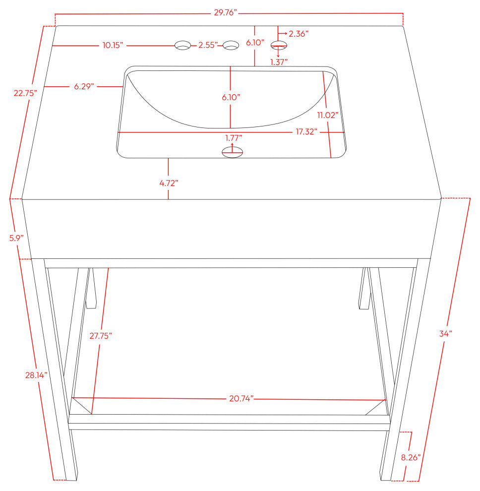 Marmo Bathroom Vanity, White, 30" Wide, Brushed Brass Finish