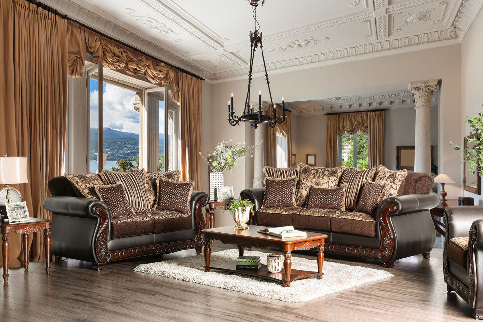 Fabric and Leatherette Chair with Rolled Arms Design, Dark Brown