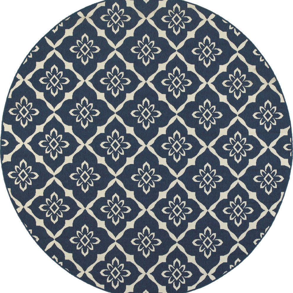 Madelina Lattice Navy and Ivory Indoor or Outdoor Area Rug, 7''10" Round