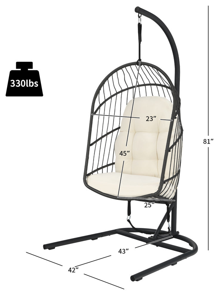 Costway Hanging Wicker Egg Chair w/ Stand Cushion Foldable Outdoor Indoor Beige